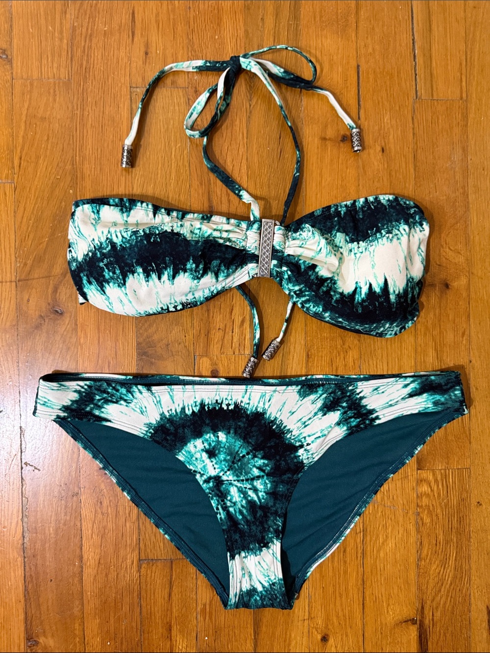 H&M Green Tye Dye Bandeau Top & Bikini bottom with  Gorgeous Silver Accents